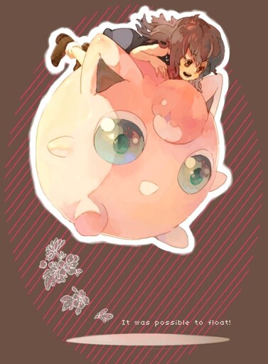 a drawing of Pokémon trainer Green from Pokémon Adventures riding on top of her starter Jigglypuff named Jiggly; Jiggly has puffed herself up big and started fly Green up into the air, to Green's surprise; this is captioned "It was possible to float!"