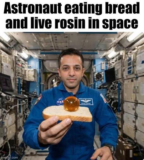 An astronaut holding a slice of bread with a yellow orb (honey) captioned: Astronaut eating bread and live rosin in space.