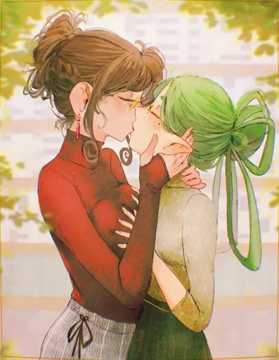 an illustration by Spindle of the character Anni (on the right, an elflet  with  green hair tied up in a bun and 4 hair loops, wearing yellow glasses, beige turtleneck, and black skirt) kissing a halfling woman (unnamed) on the left (brown hair tied up in a bun, glasses, red turtleneck, and grey skirt)