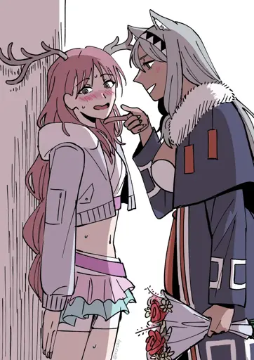 Roka standing against a wall, blushing and nervious, while Otako puts a finger to her chin while holding a bouquet of flowers.