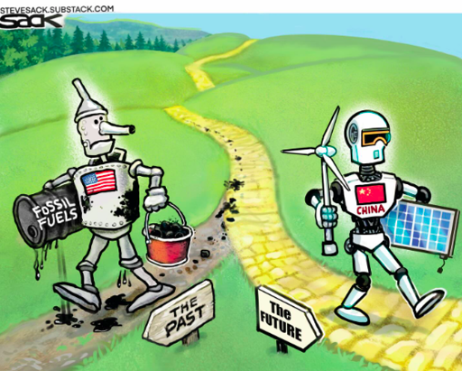 A political cartoon that shows the Tin Man from Wizard of Oz with the US flag on his chest, dripping with oil and holding a bucket of coal and an oily barrel, taking a path that diverges from the yellow brick road. A sign in front of the Tin Man says 'The Past'.  Following the yellow brick road is a futuristic robot holding a wind energy turbine and a solar panel, with the flag of China on his chest. A sign in front of the robot says 'the future'.