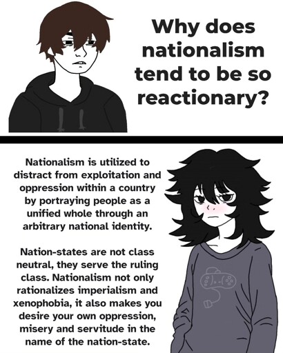 Alt text: A two-panel meme featuring "doomer" characters discussing how nationalism is used to distract from class exploitation, serve the ruling class, and rationalize imperialism and xenophobia.