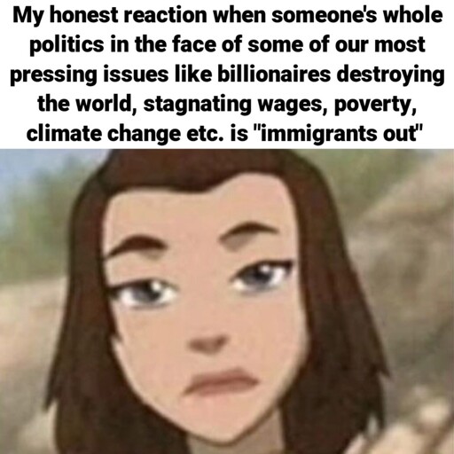 A meme featuring an unimpressed reaction from Korra (from *The Legend of Korra*) to text criticizing people who focus on anti-immigration rhetoric instead of systemic issues like billionaire influence, poverty, and climate change.