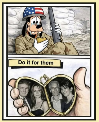 Piece of shit loser American GI depicted as Goofy looking at Trump and Epstein in a locket "Do it for them"