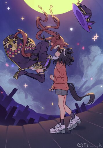 an illustration of Sweep Tosho (self-styled witch horse girl) and Kitasan Black (another horse girl) from Uma Musume Pretty Derby; Kitasan Black is standing on a moonlit rooftop; Sweep Tosho is floating above her, holding her face close to her own