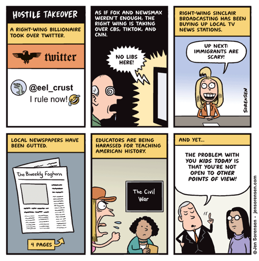 The authoritarian takeover of US media [Jen Sorensen]