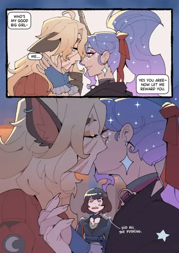 Celeste asks Silver "Who's my good big girl?" "Me…" "Yes, you are. Now let me reward you." The next panel shows them kissing while Mina looks on in disbelief with an arrow pointing to her saying "Did all the pushing."