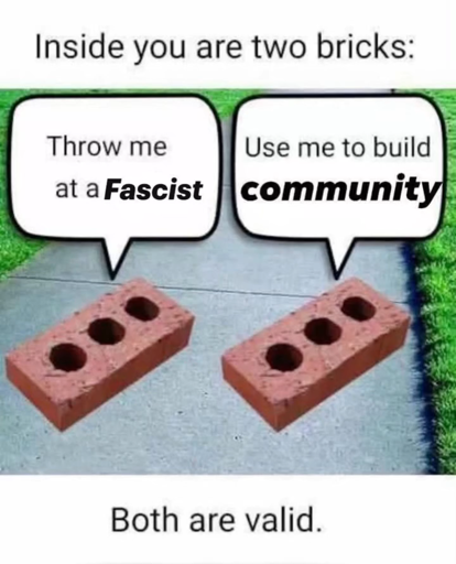 Alt text: A meme featuring two bricks on a path, one saying "Throw me at a fascist" and the other saying "Use me to build community," with the caption "Inside you are two bricks: Both are valid."